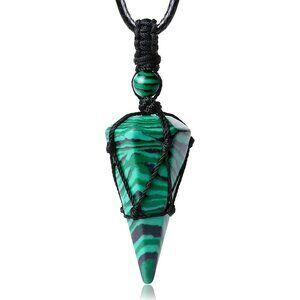💫Men Green Healing Crystal Stone Pointed Rope Natural Gemstone Pendant Necklace